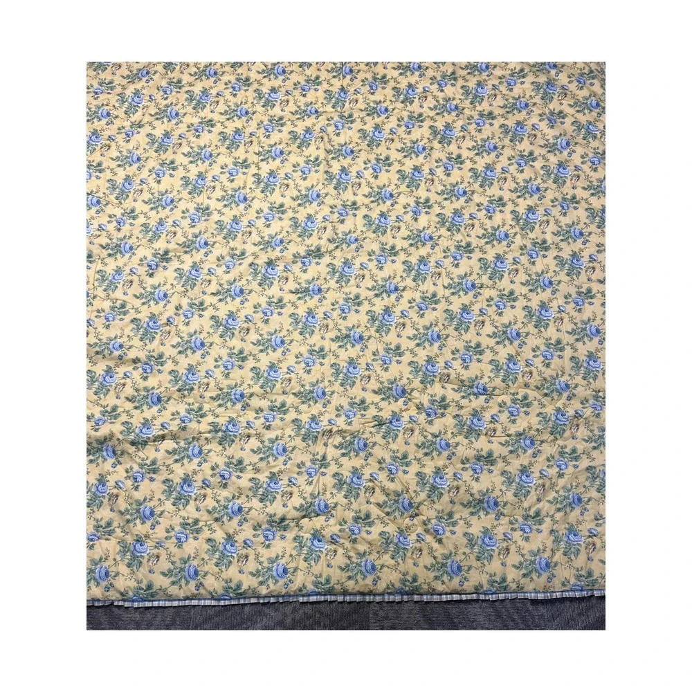 VTG Waverly Comforter Blanket Floral Reversible King Blue Yellow Gingham Ruffle